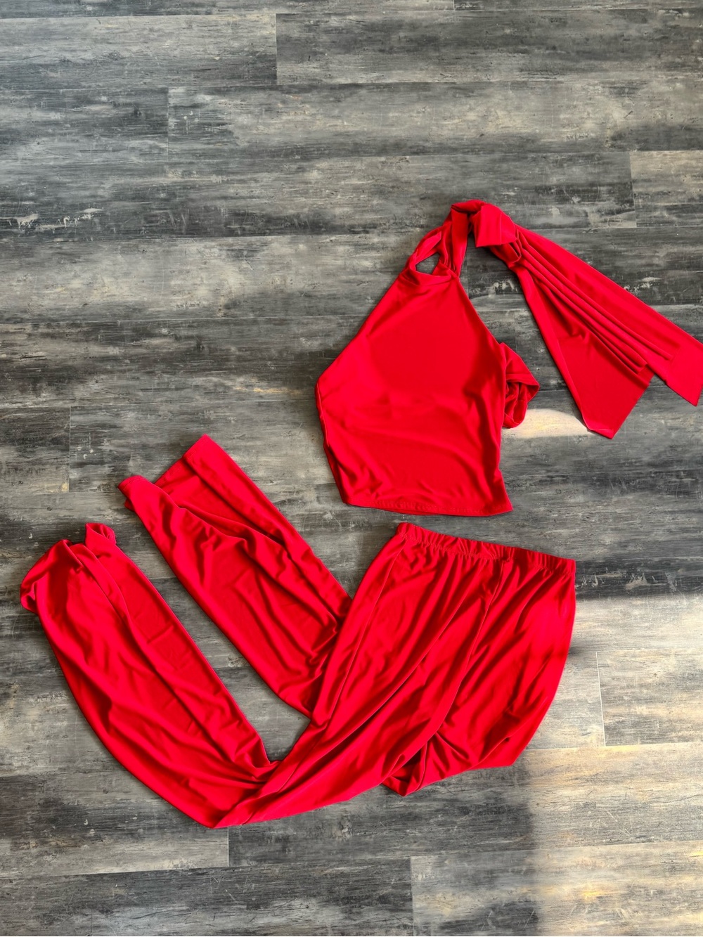 Red Two-Piece Backless Halter Top and Wide Leg Pants Set
